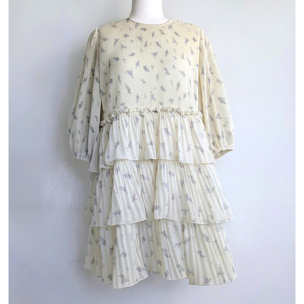 Ganni Pleated Georgette Dress 42 Cream Lavender Floral Tiered Mini 10-12